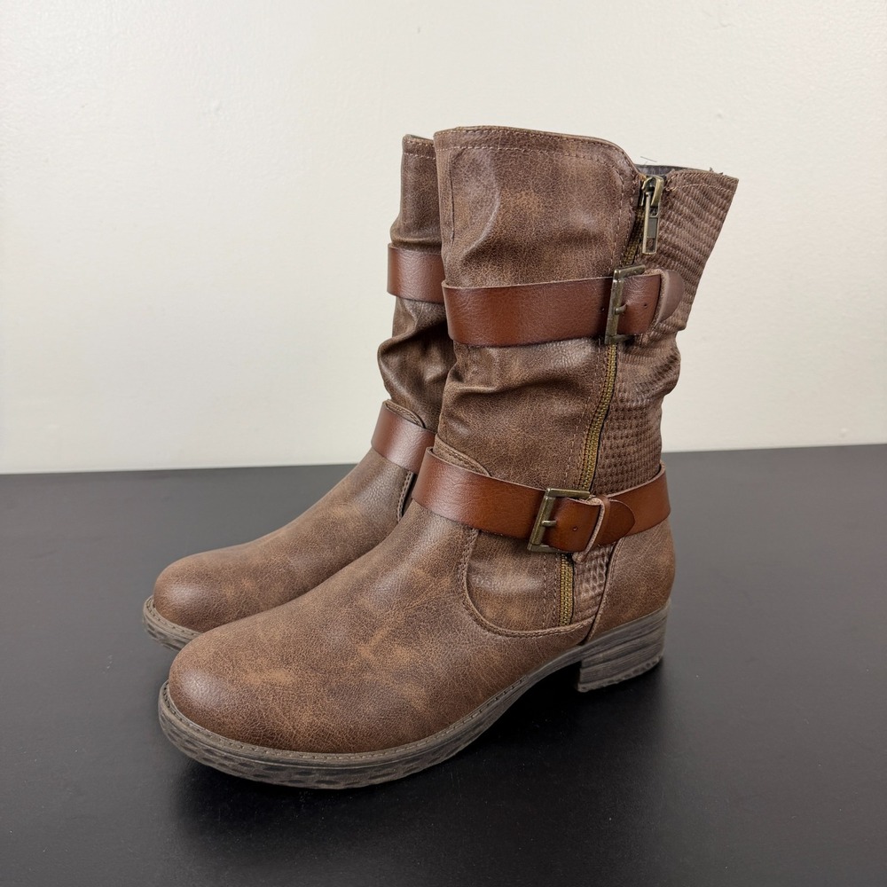 Jellypop Slouch Mid-Calf Boots Womens 9M Brown Faux Leather Buckle Straps Casual